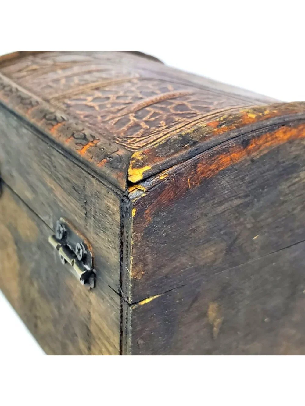 Vintage Wood & Faux Leather Carved Jewelry Treasure Chest Box With Metal Accents